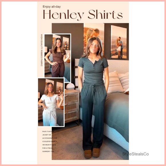 Ribbed Lounge Set: Cropped Henley Top & Wide-Leg Pants for Travel - Picture 5 of 5